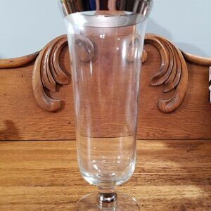 Vintage Footed Glass Vase Silver Rim Platinum Trim Mid Century 10”